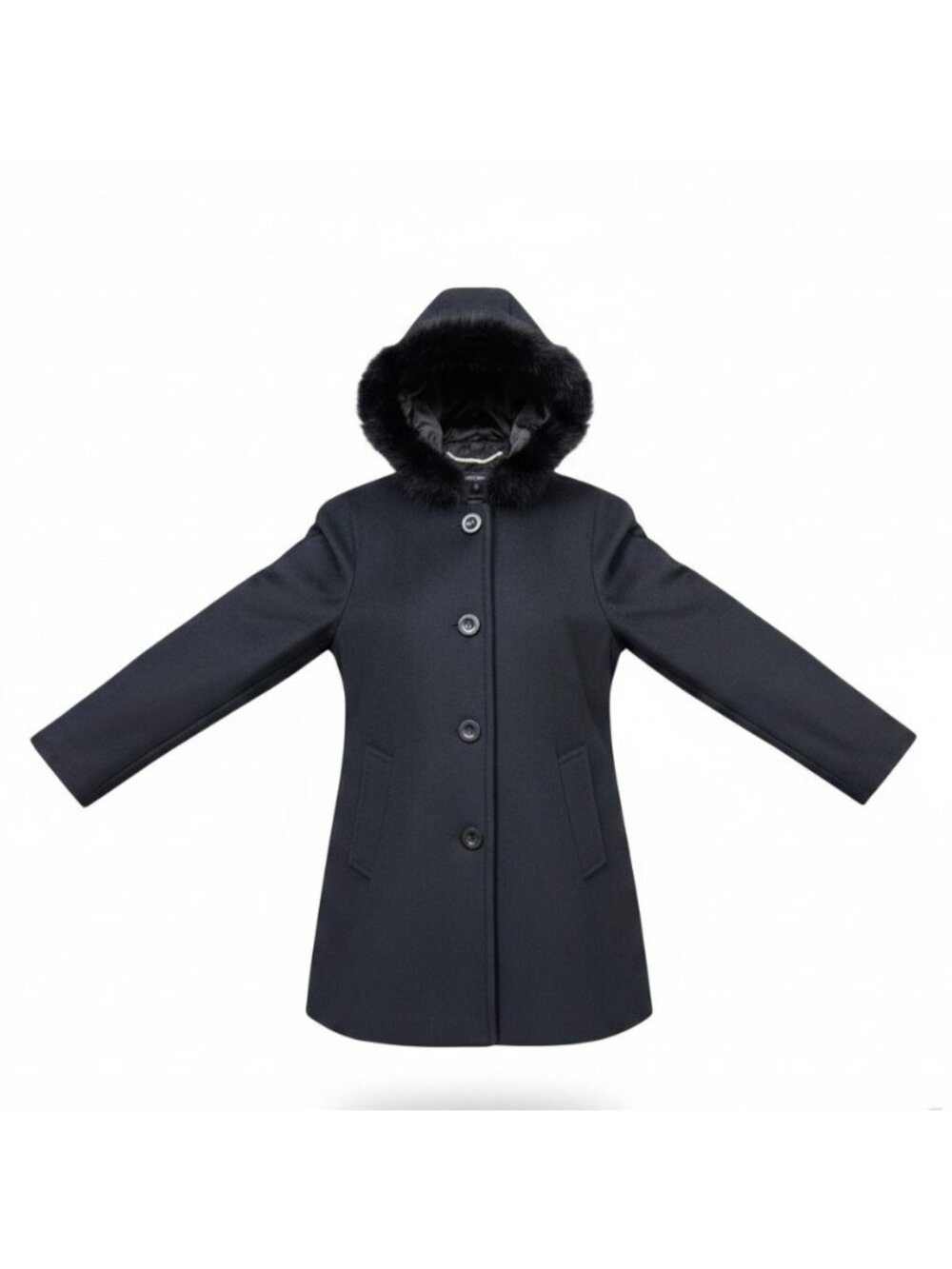 Ellen Tracy Womens Black Wool Blend Hooded Coat W/ Faux Fur Trim Size 8P